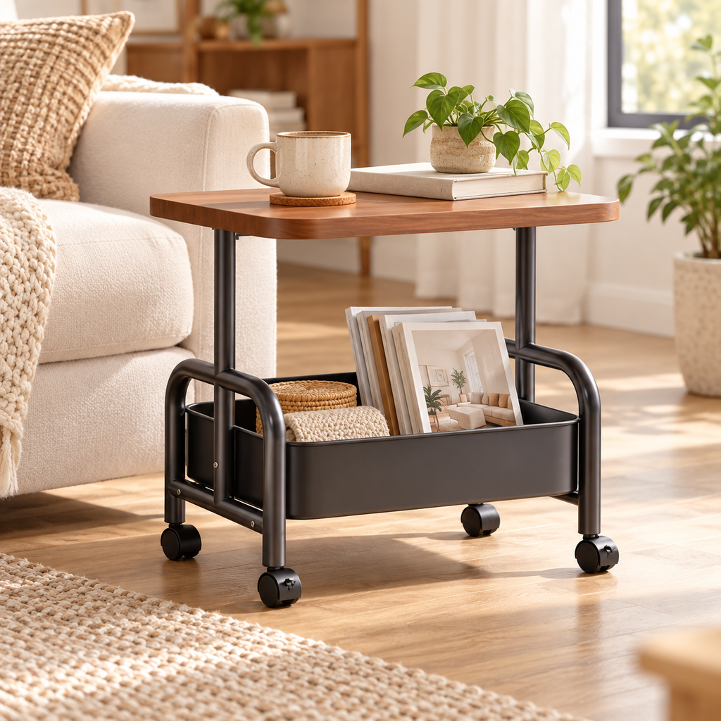 Black rolling storage side table with wood-look top beside a cream sofa