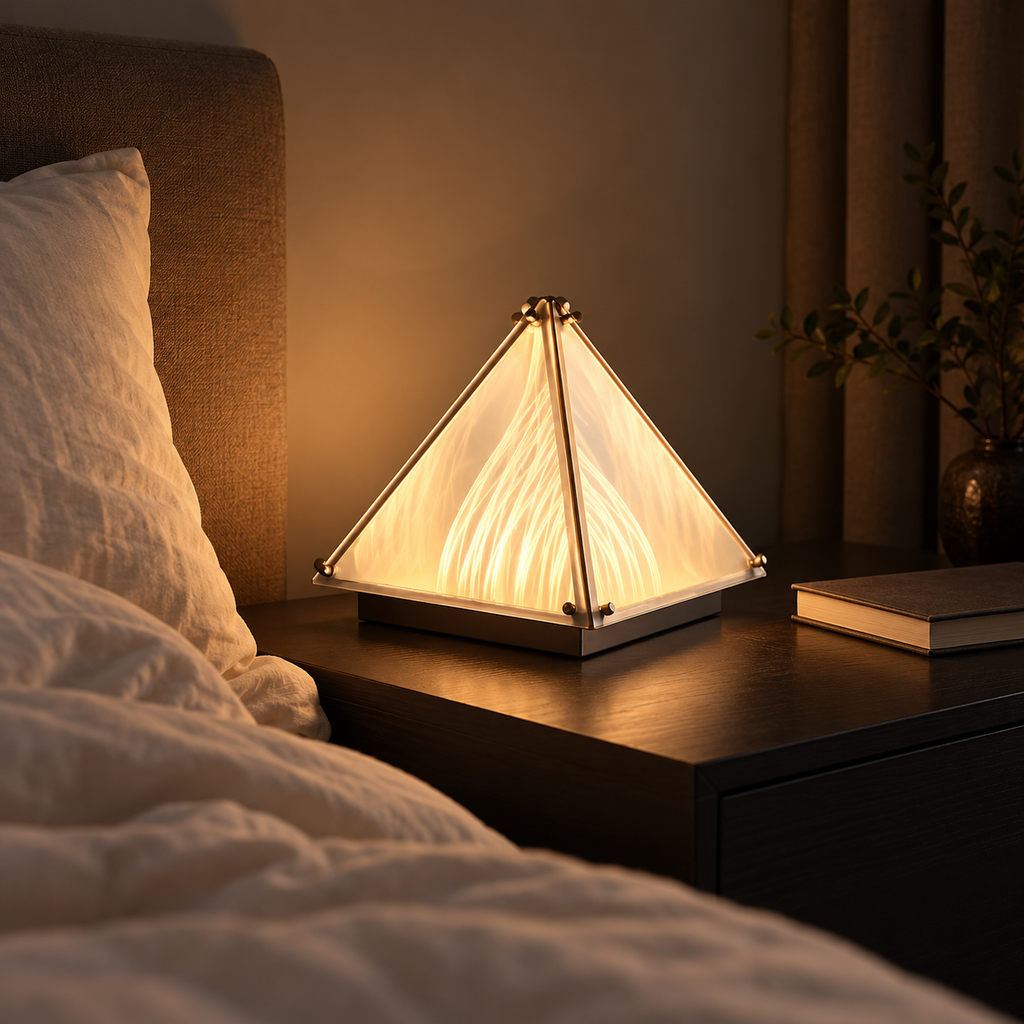 Warm pyramid desk lamp on a bedroom nightstand beside a bed