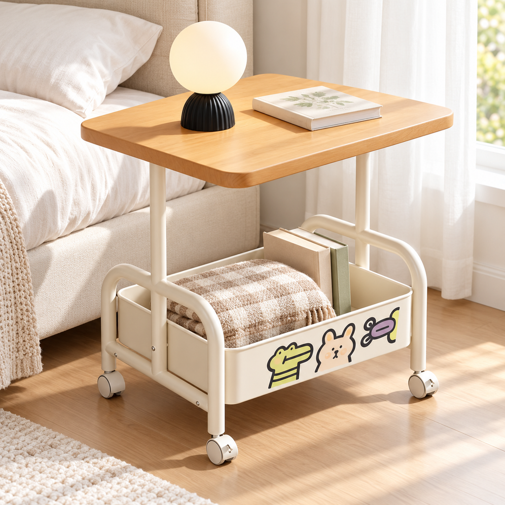 White rolling basket side table with wood-look top beside a bed