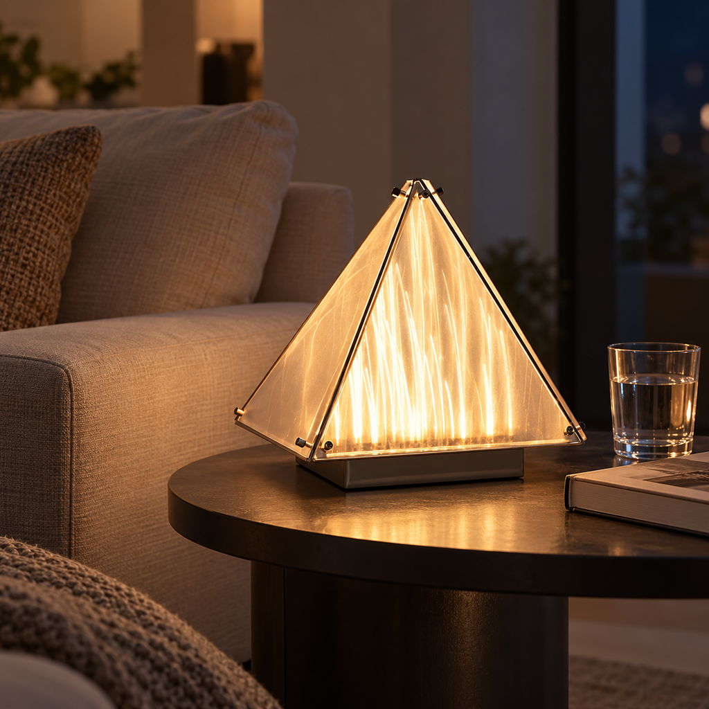 Pyramid ambient lamp glowing on a living room side table