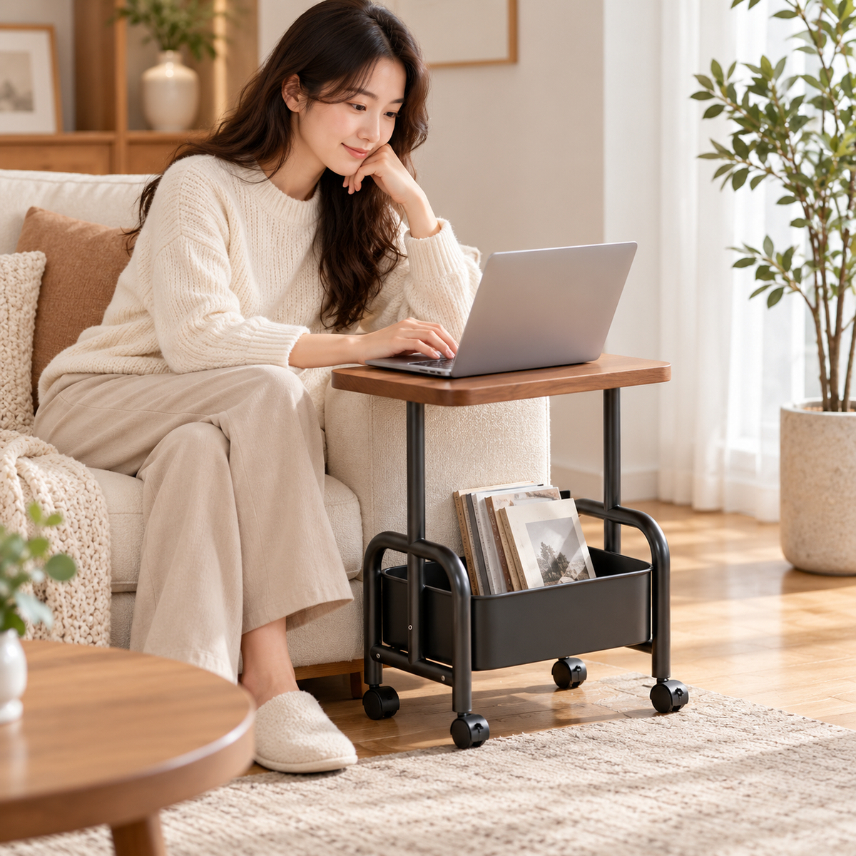 Compact black rolling side table holding a laptop beside a sofa