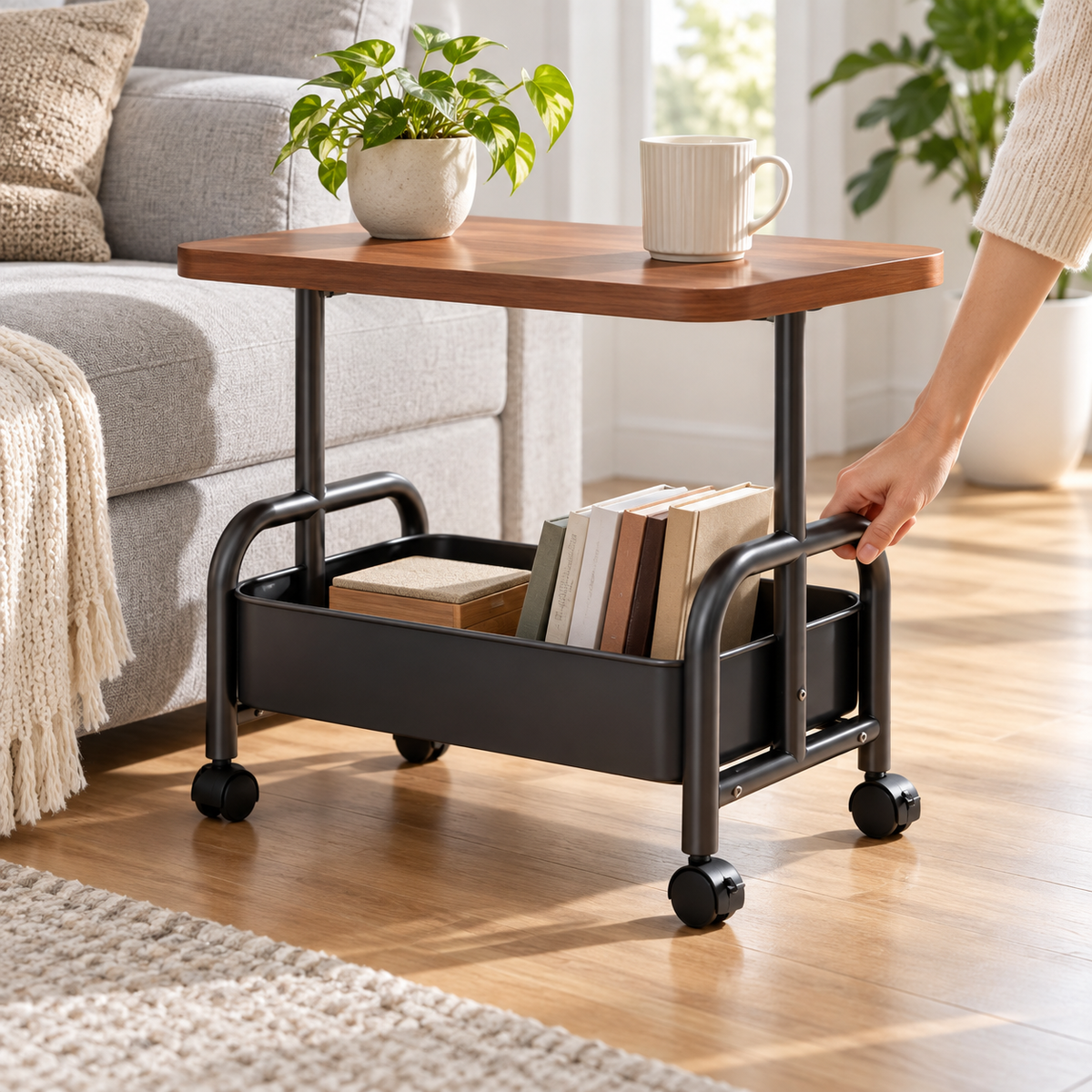 Black rolling side table being moved beside a sofa, showing its casters