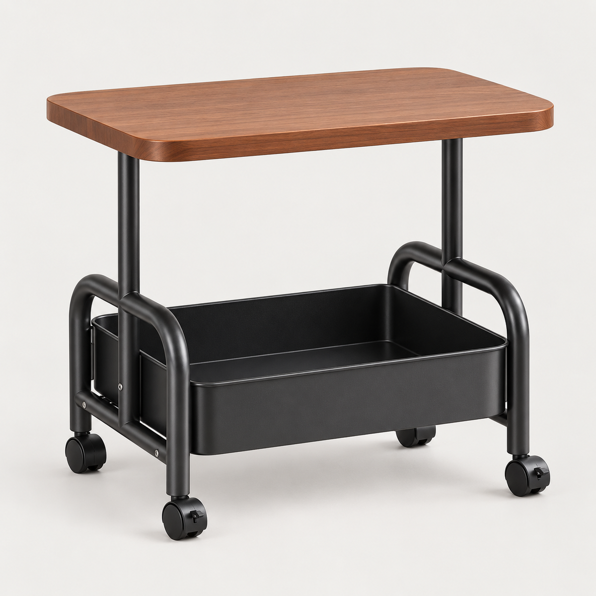 Black rolling side table with wood-look top and lower storage basket