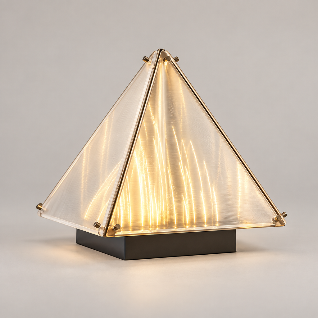 Lit pyramid desk lamp with translucent panels and dark rectangular base