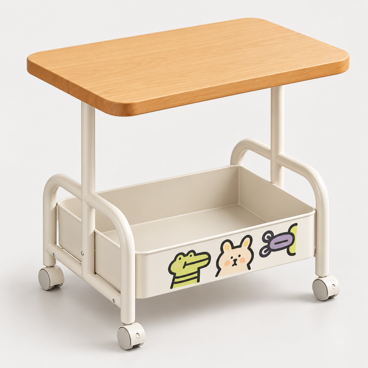 White rolling side table with wood-look top and decorated storage basket