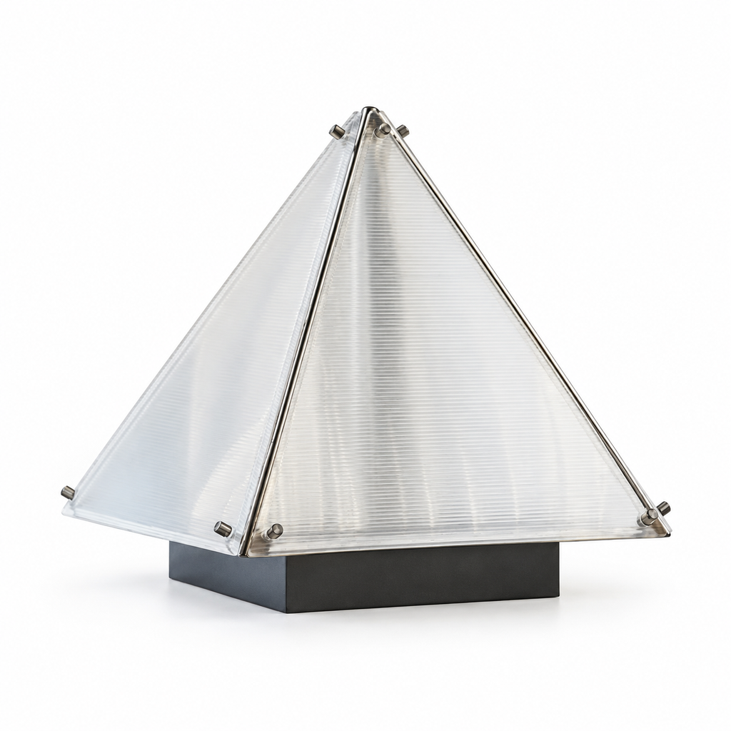 Unlit pyramid desk lamp showing ribbed panels and metal edge rods