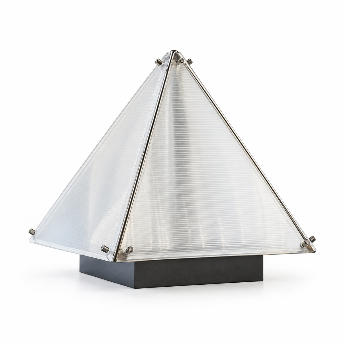 Unlit pyramid desk lamp showing ribbed panels and metal edge rods