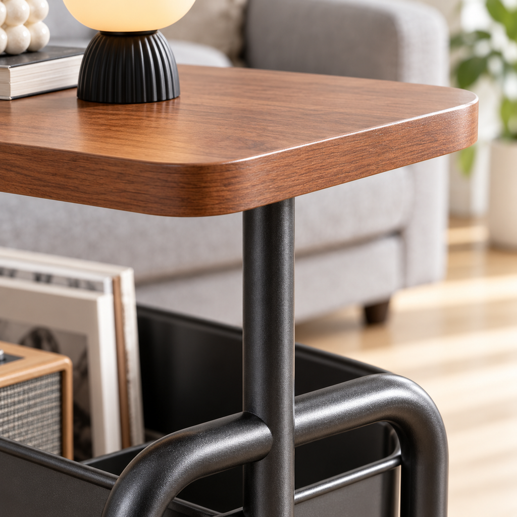 Wood-look tabletop edge and black metal frame of rolling side table
