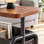 Wood-look tabletop edge and black metal frame of rolling side table