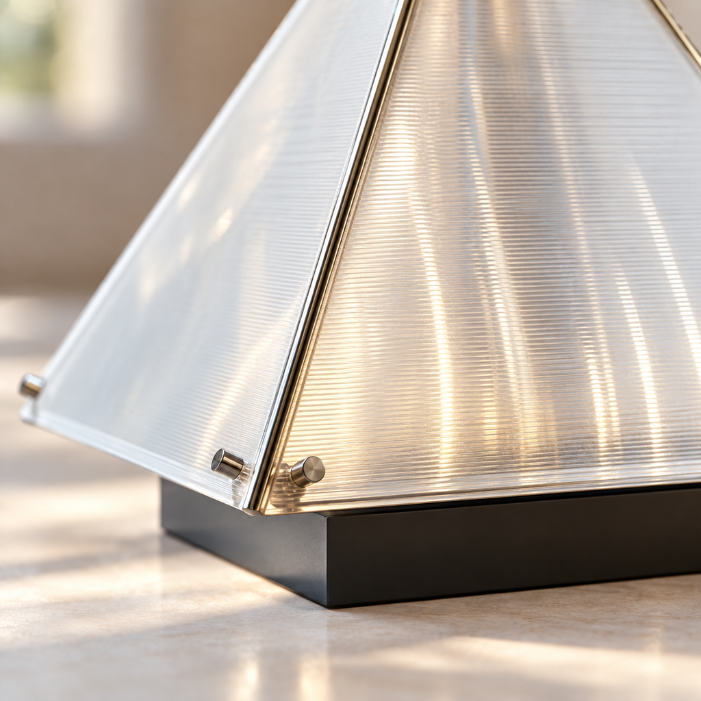 Close-up of pyramid lamp translucent panels and metal corner fittings