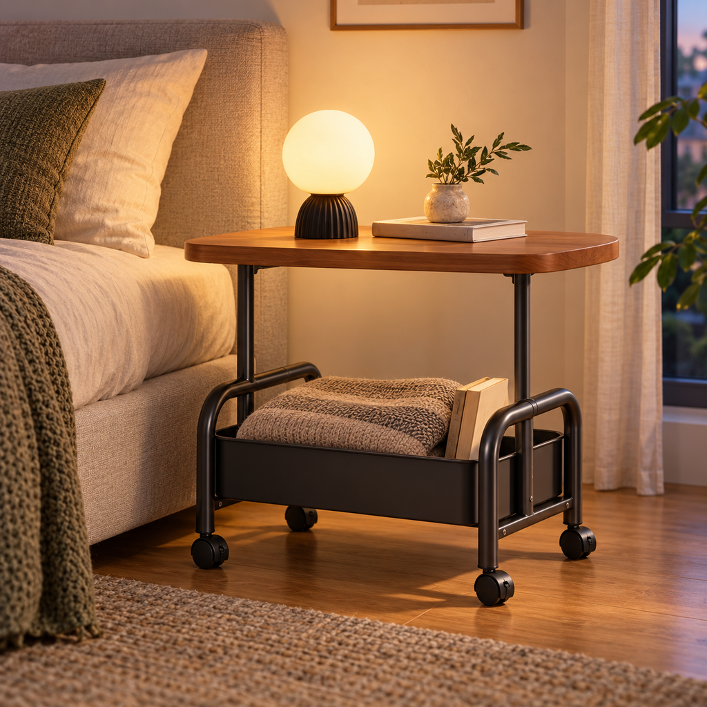 Black rolling basket side table with lamp beside a bed at dusk