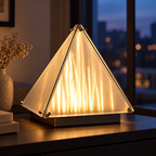 Close view of warm light through pyramid desk lamp translucent panels