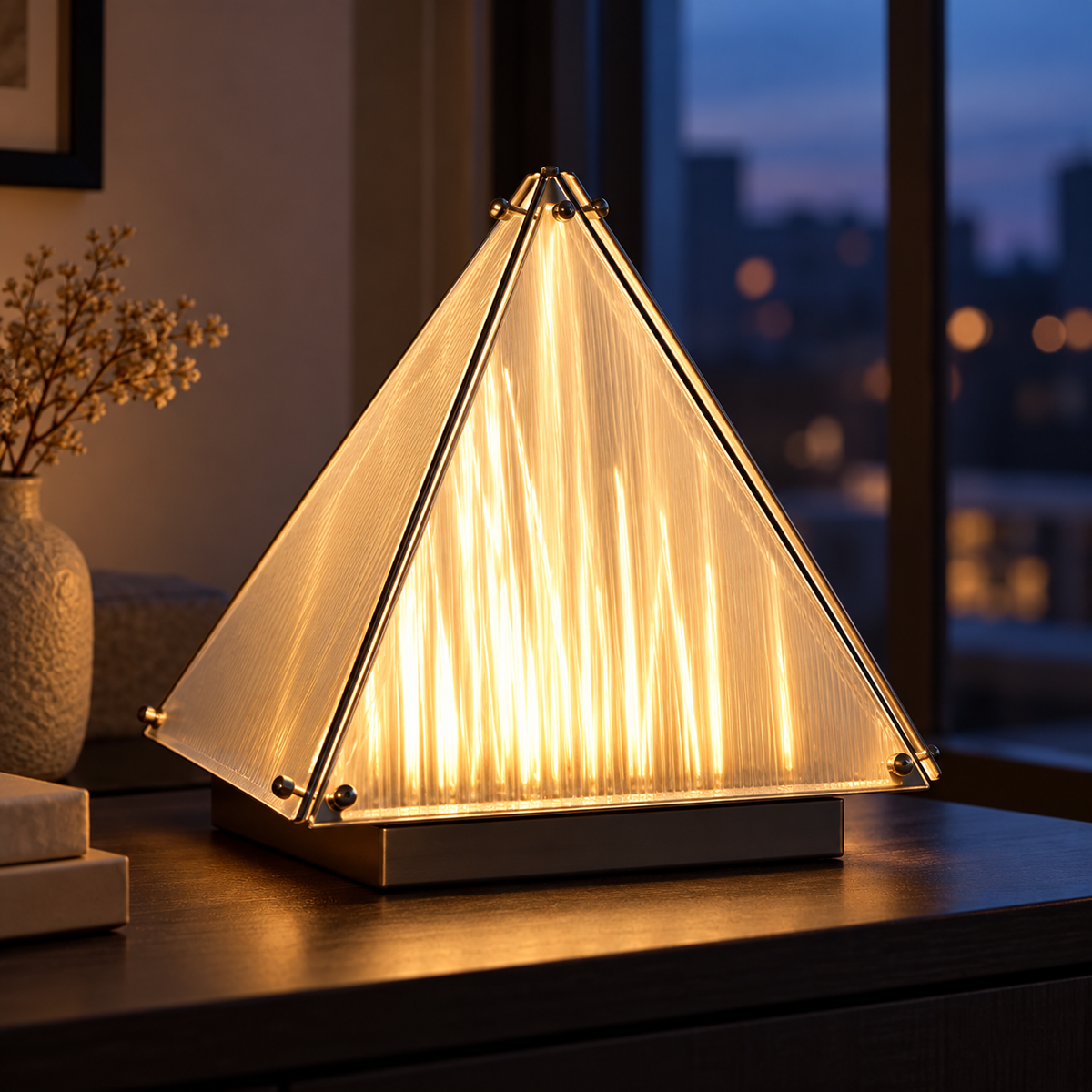 Close view of warm light through pyramid desk lamp translucent panels