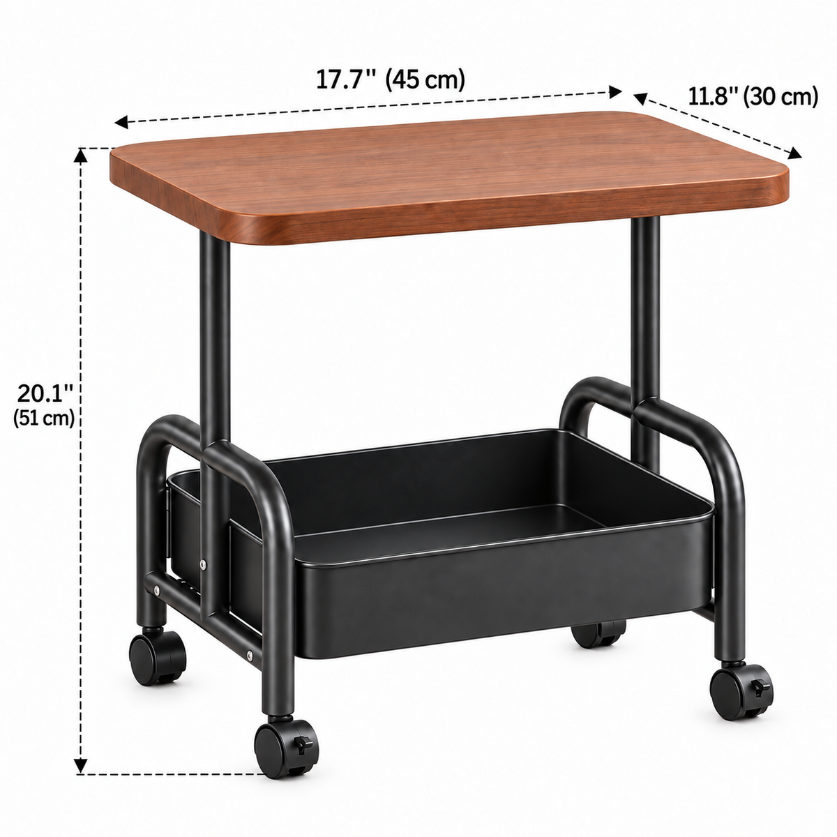 Black rolling side table dimensions: 45 cm wide, 30 cm deep, 51 cm high