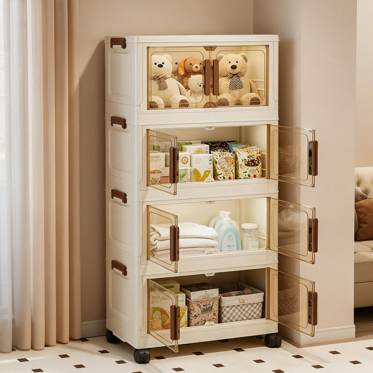 Stacked storage box set shown fully assembled with layers locked together.