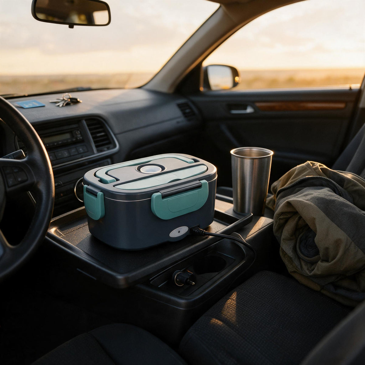 Heated lunch box plugged in and warming a meal inside.