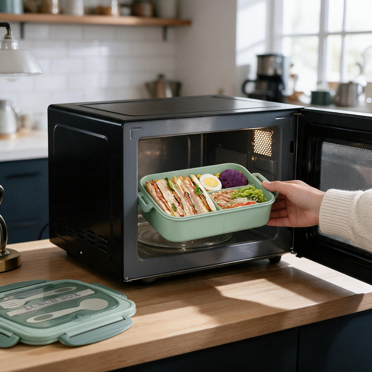 Bento box placed inside a microwave for reheating.