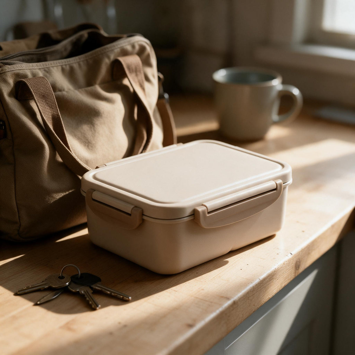 Four bento boxes in green, blue, khaki, and pink lined up together.