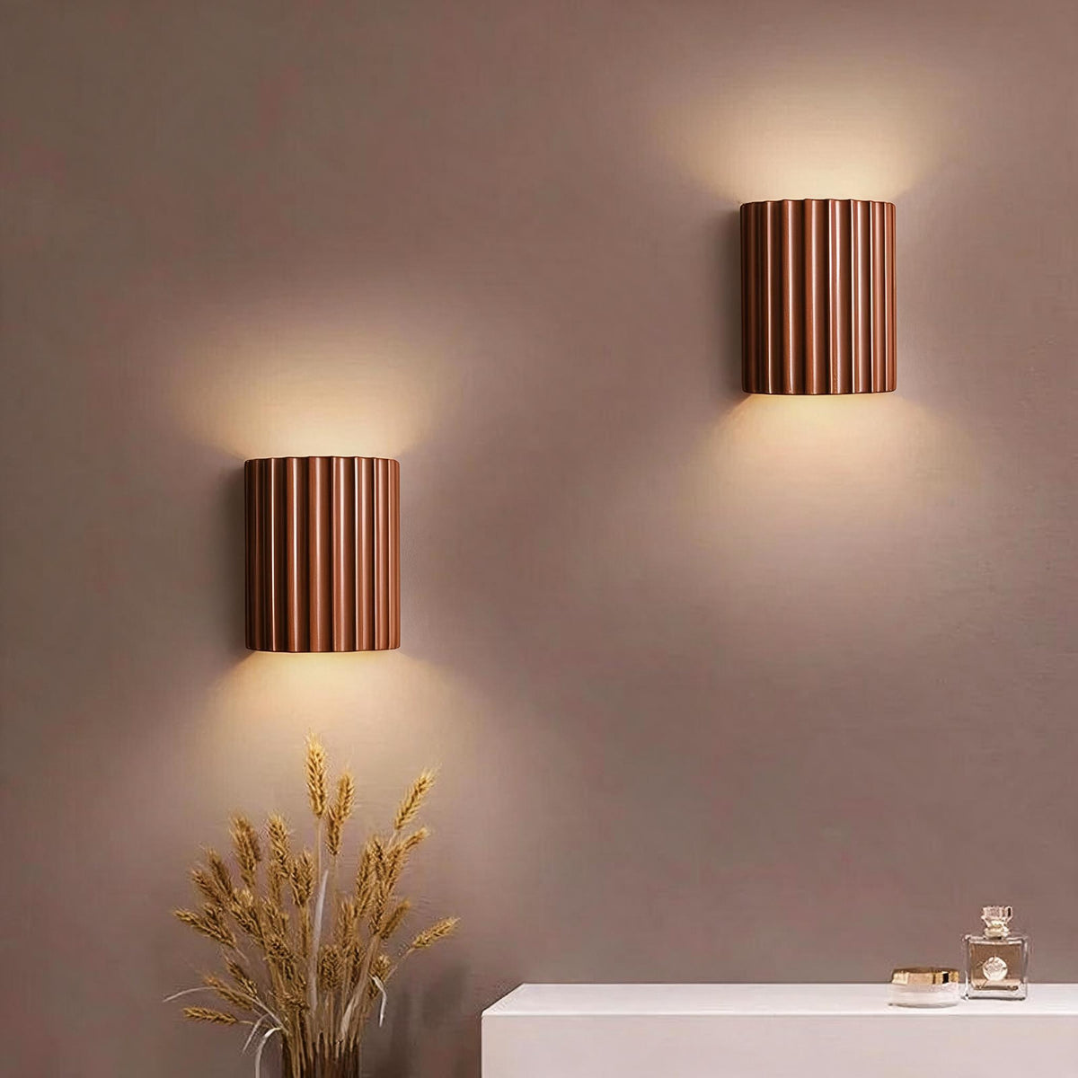 Four Nordic resin wall lamps shown in white, grey, orange, and green finishes.
