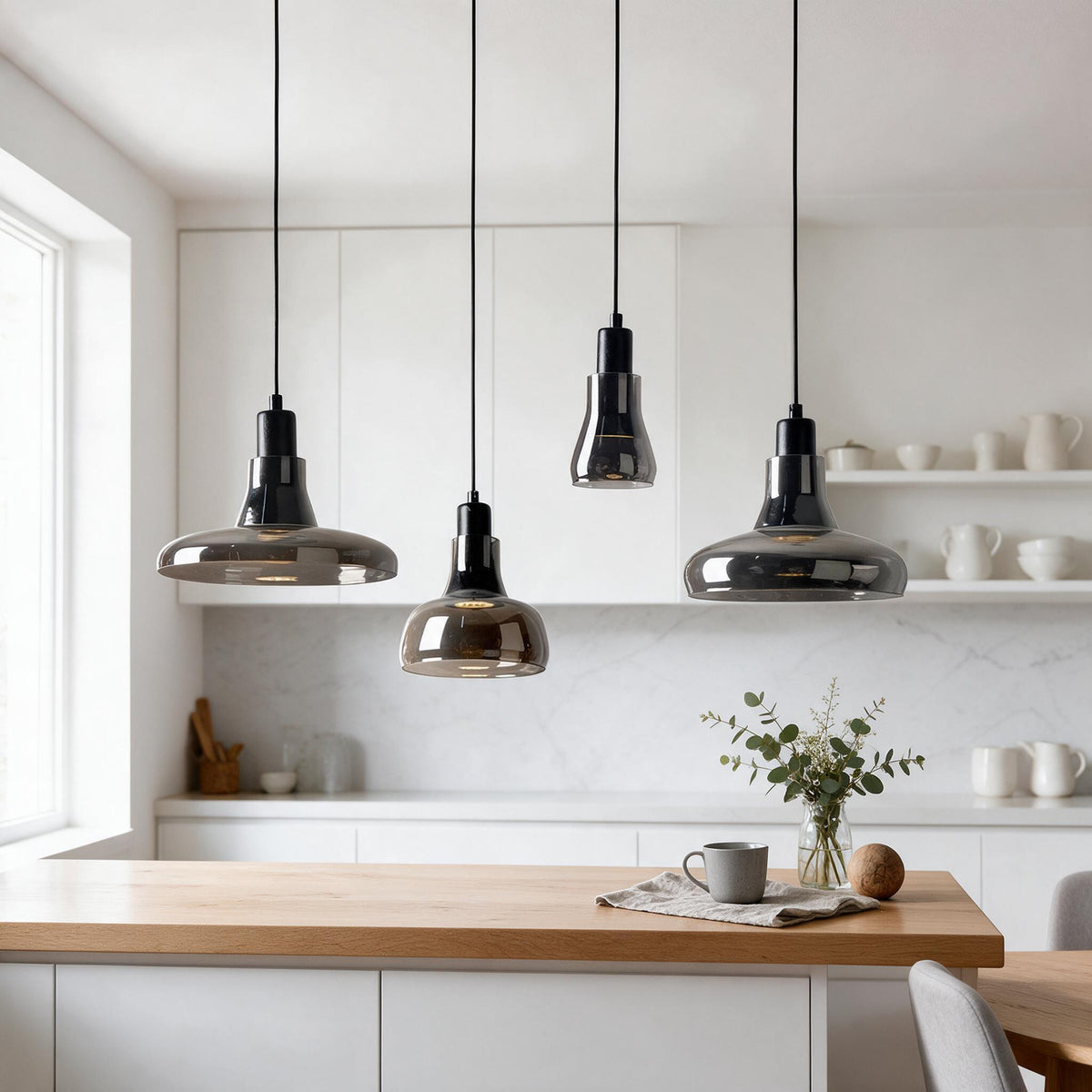 Close-up of the painted iron trim on the grey glass pendant shade