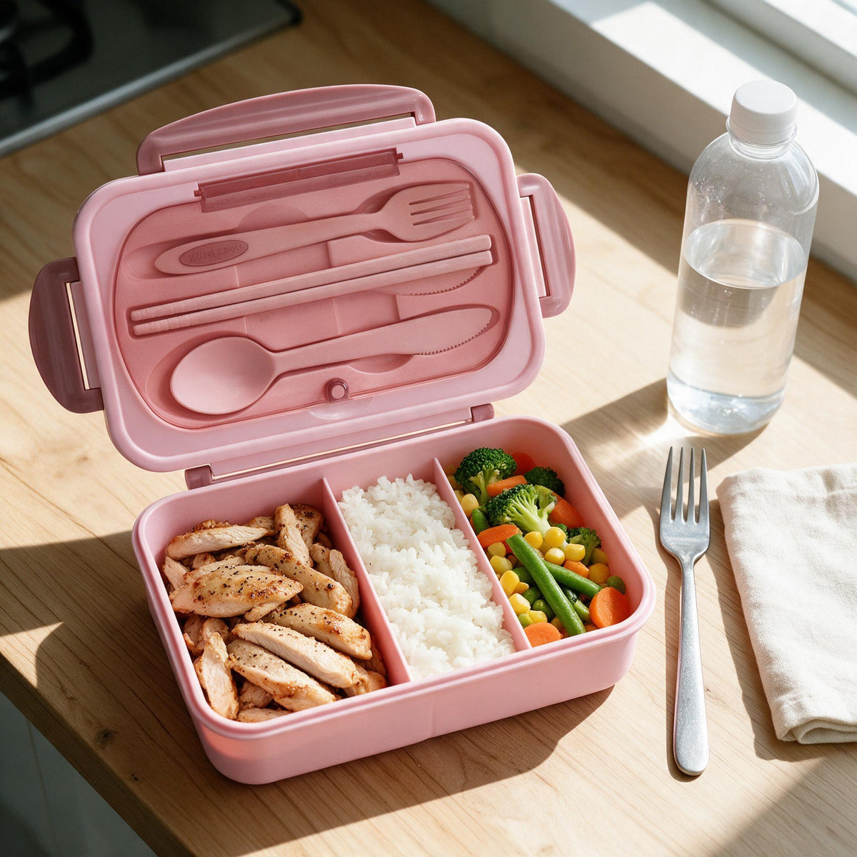 Bento box open showing three separate food compartments.