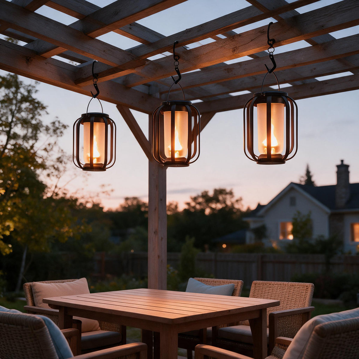 Lantern set to flame-flicker mode glowing on an outdoor table at night.