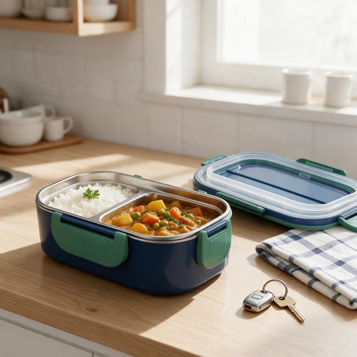 Heated lunch box tipped on its side with lid sealed, no spilling.