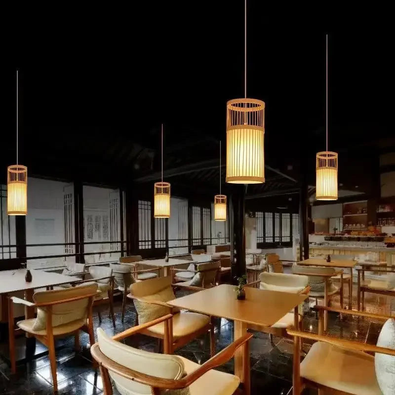 Chinese Japanese Zen Bamboo Wood Lantern Chandelier Teahouse Restaurant – photo 3