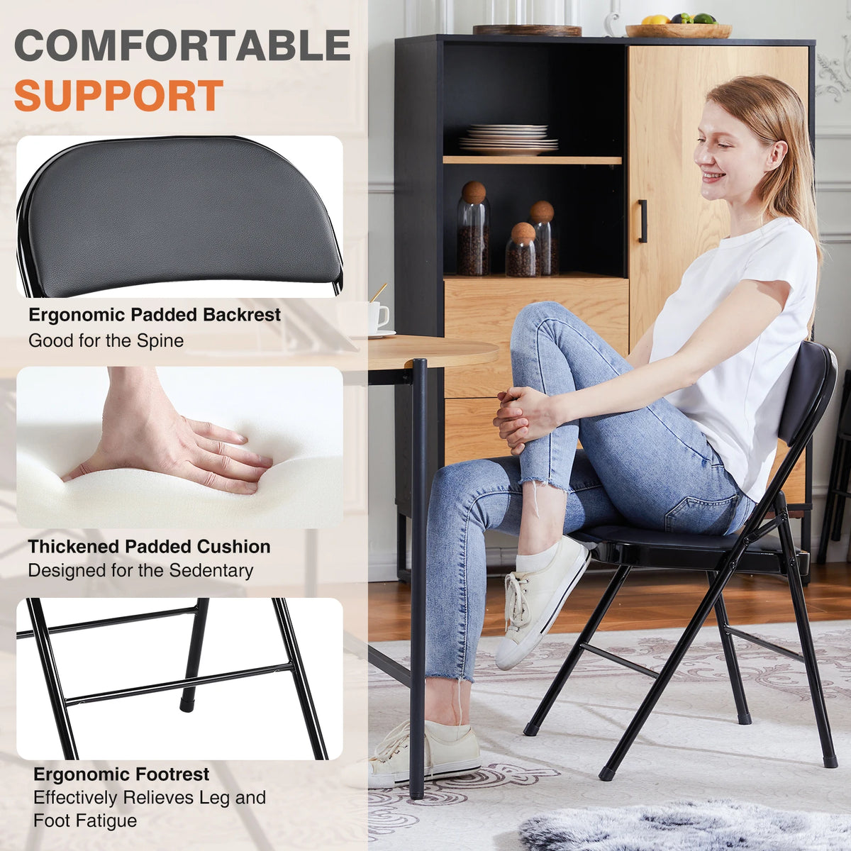 Foldable PU Leather Padded Metal Frame Dining Chair Set of 4 Outdoor Home Office