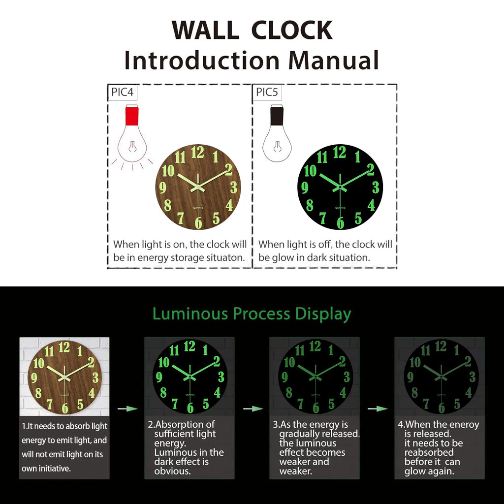 12-Inch Luminous Silent Wooden Wall Clock