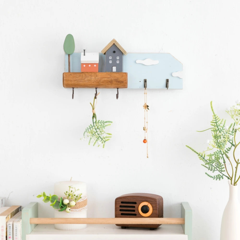 Decorative Wooden Wall Hooks and Storage Shelf