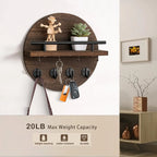 Circular Wood Key Holder, 8 Hooks & Shelf