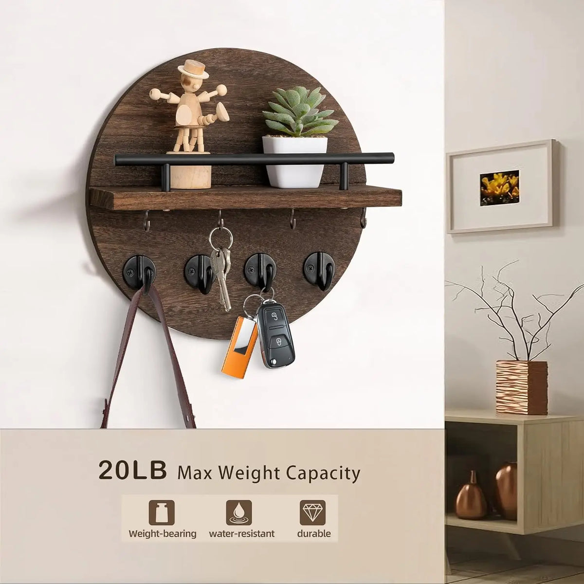 Circular Wood Key Holder, 8 Hooks & Shelf