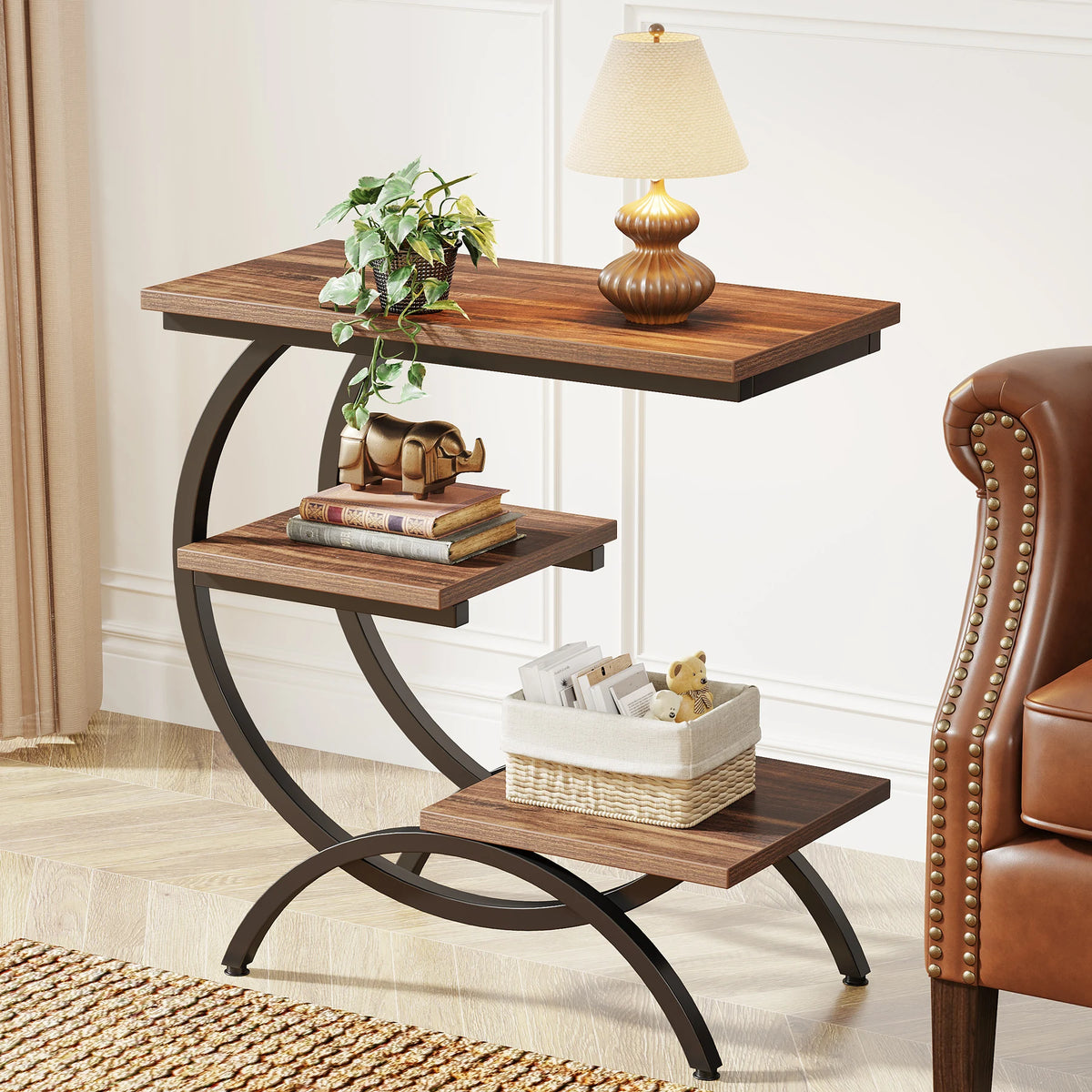 Tribesigns Industrial C Shaped 3 Tier Wood Metal Storage End Table