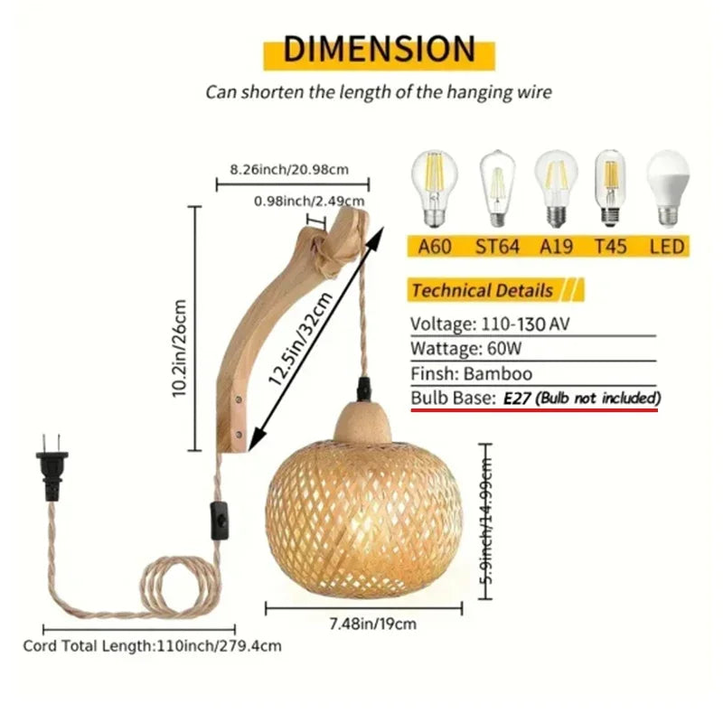 Handwoven Bamboo and Rattan E27 Wall Sconce