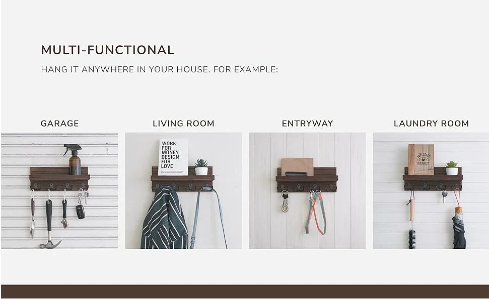 Rustic Wooden Wall Key Holder, 4 Hooks
