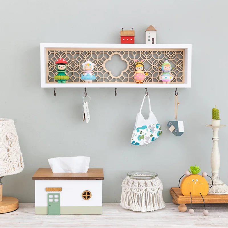 Decorative Wooden Wall Hooks and Storage Shelf