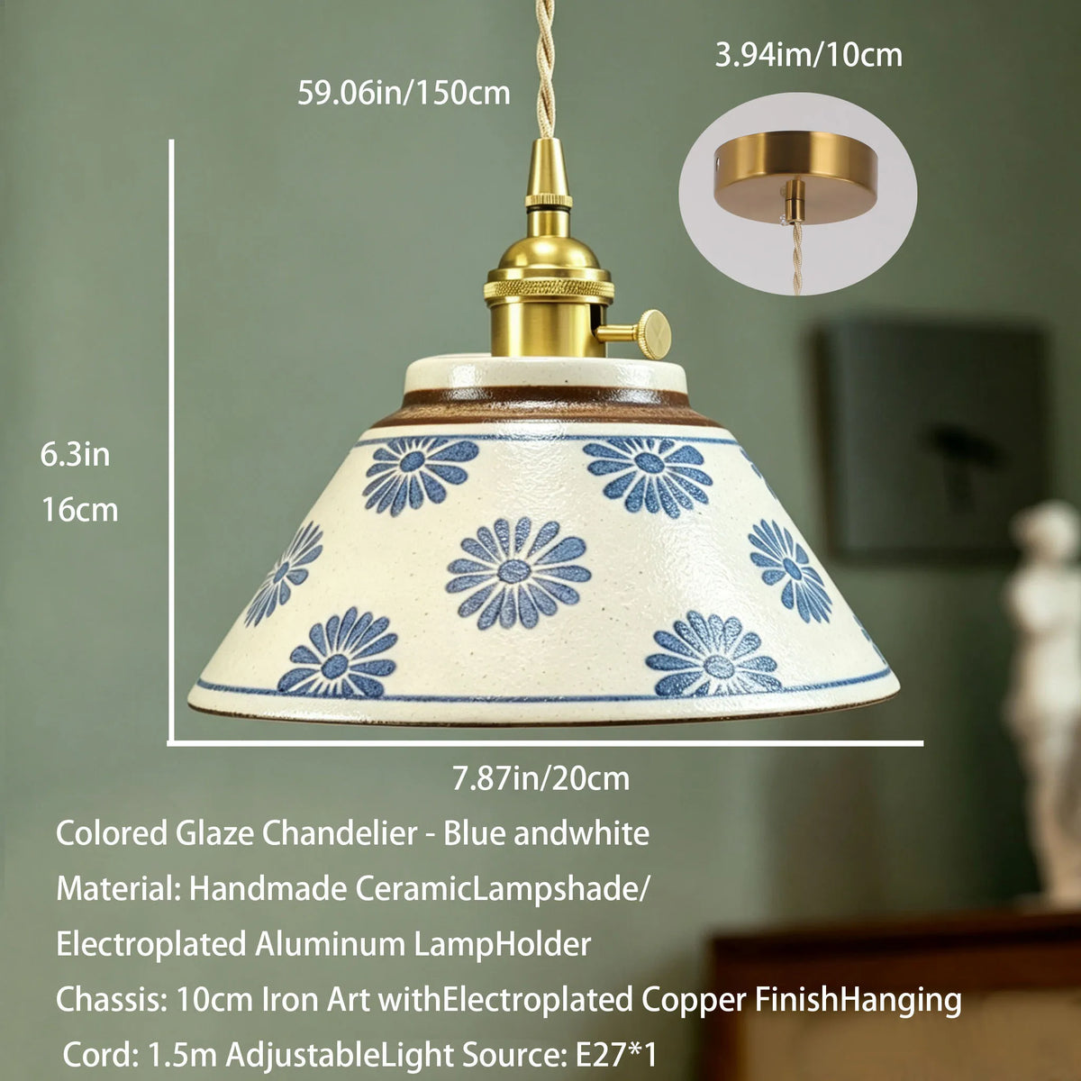 Chinese Retro Glazed Ceramic Blue and White Pendant Light Nostalgic Tea Room – photo 7