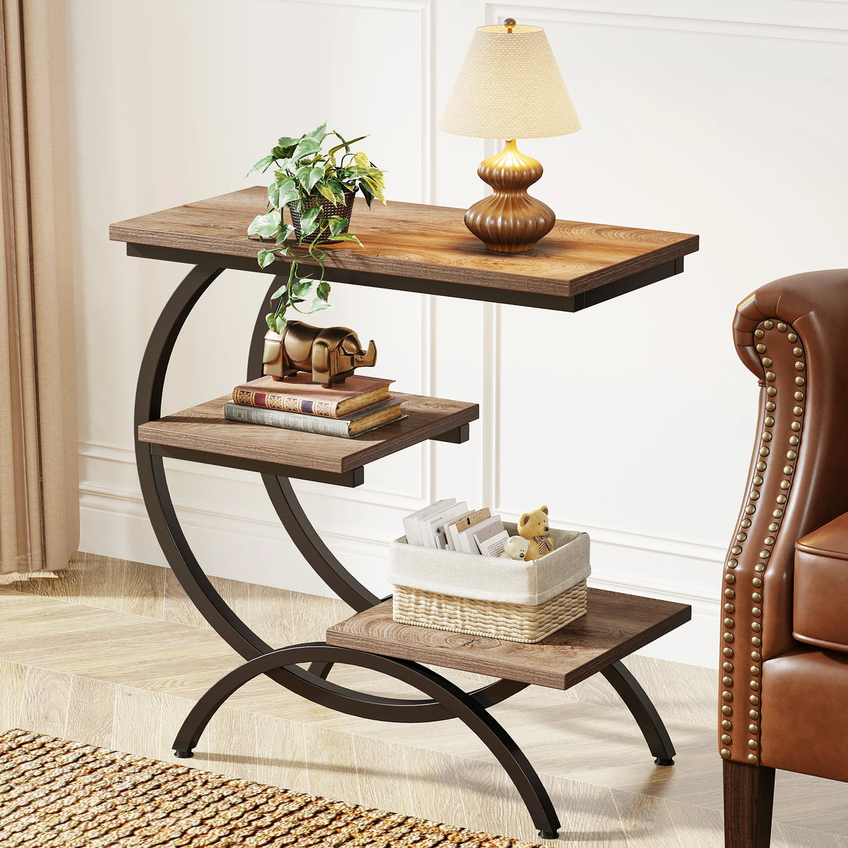 Tribesigns Industrial C Shaped 3 Tier Wood Metal Storage End Table