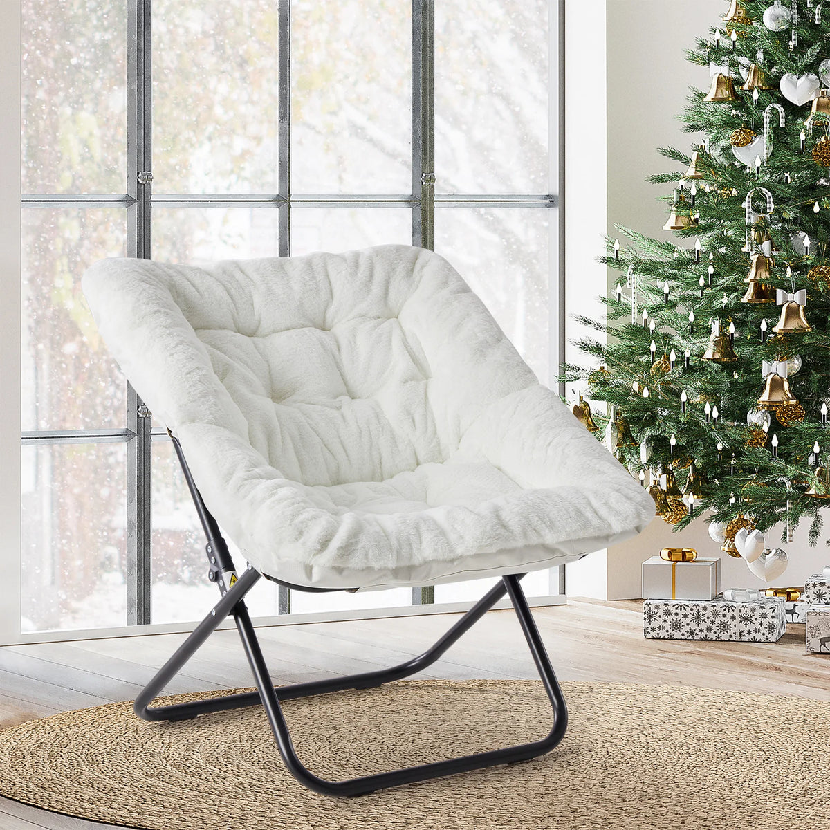 Foldable Faux Fur Padded Metal Frame Round Saucer Lounge Reading Chair Living Room