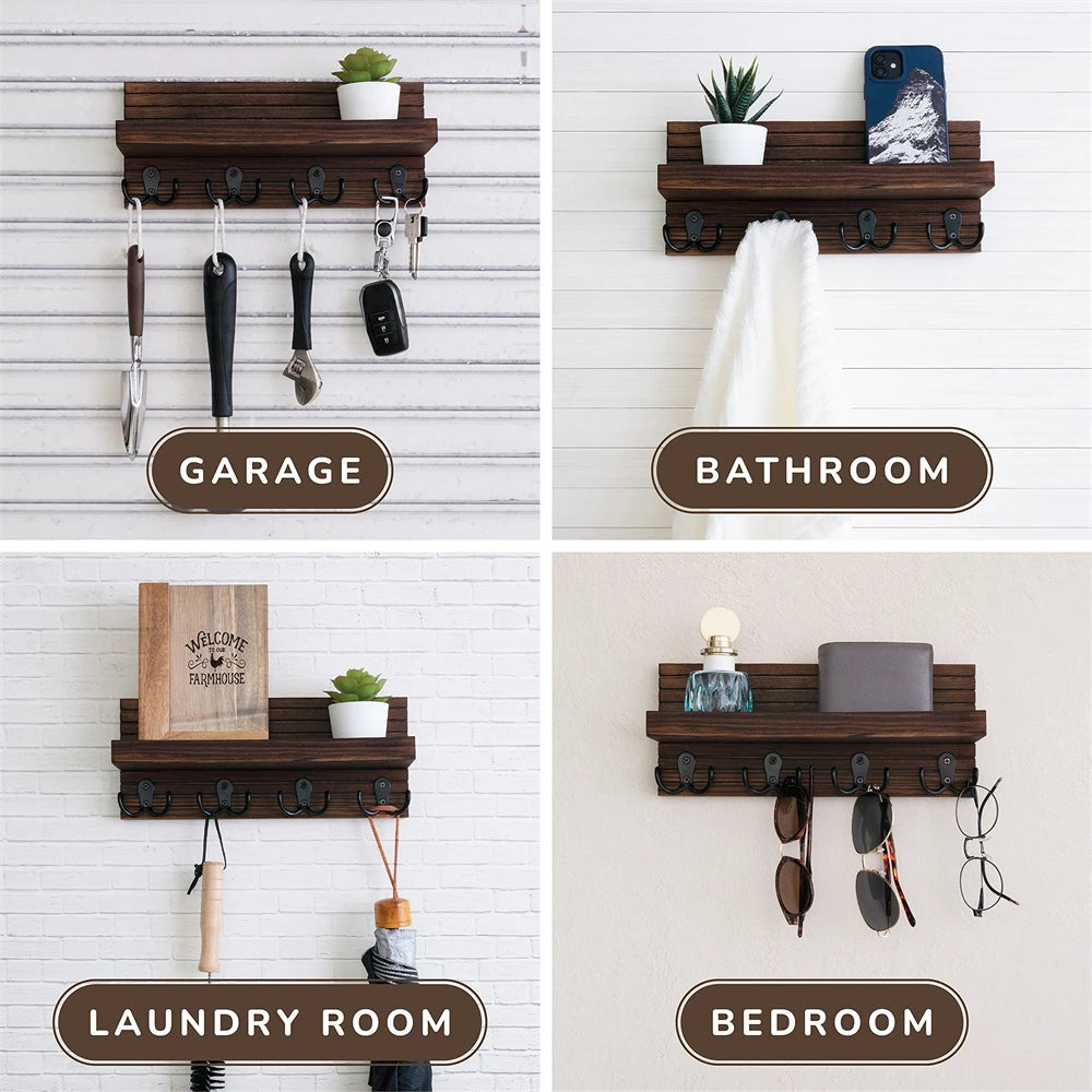Rustic Wooden Wall Key Holder, 4 Hooks