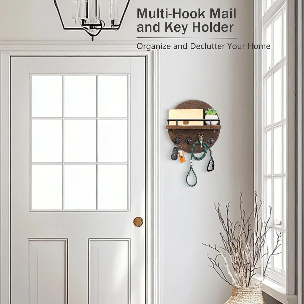 Circular Wood Key Holder, 8 Hooks & Shelf