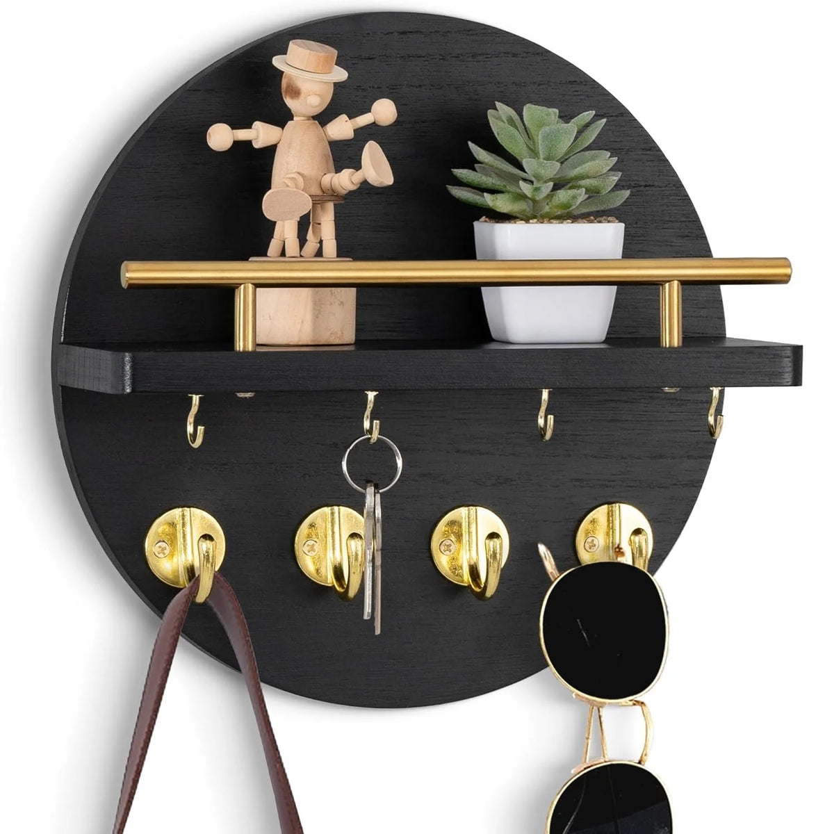 Circular Wood Key Holder, 8 Hooks & Shelf