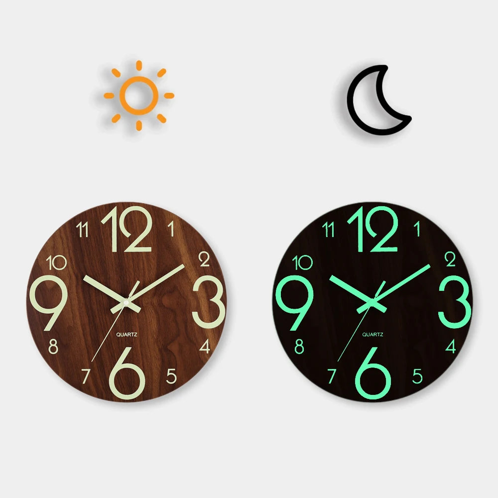 12-Inch Luminous Silent Wooden Wall Clock