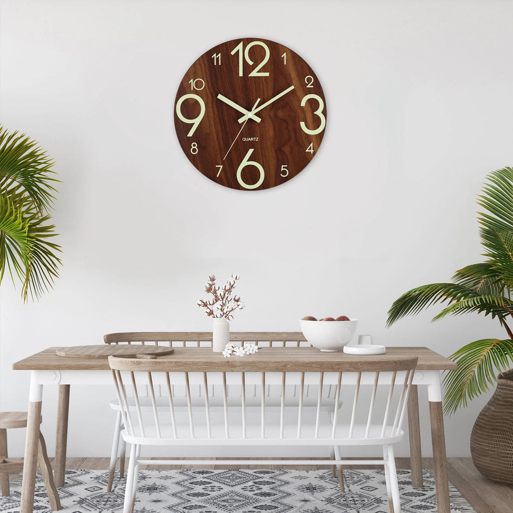 12-Inch Luminous Silent Wooden Wall Clock