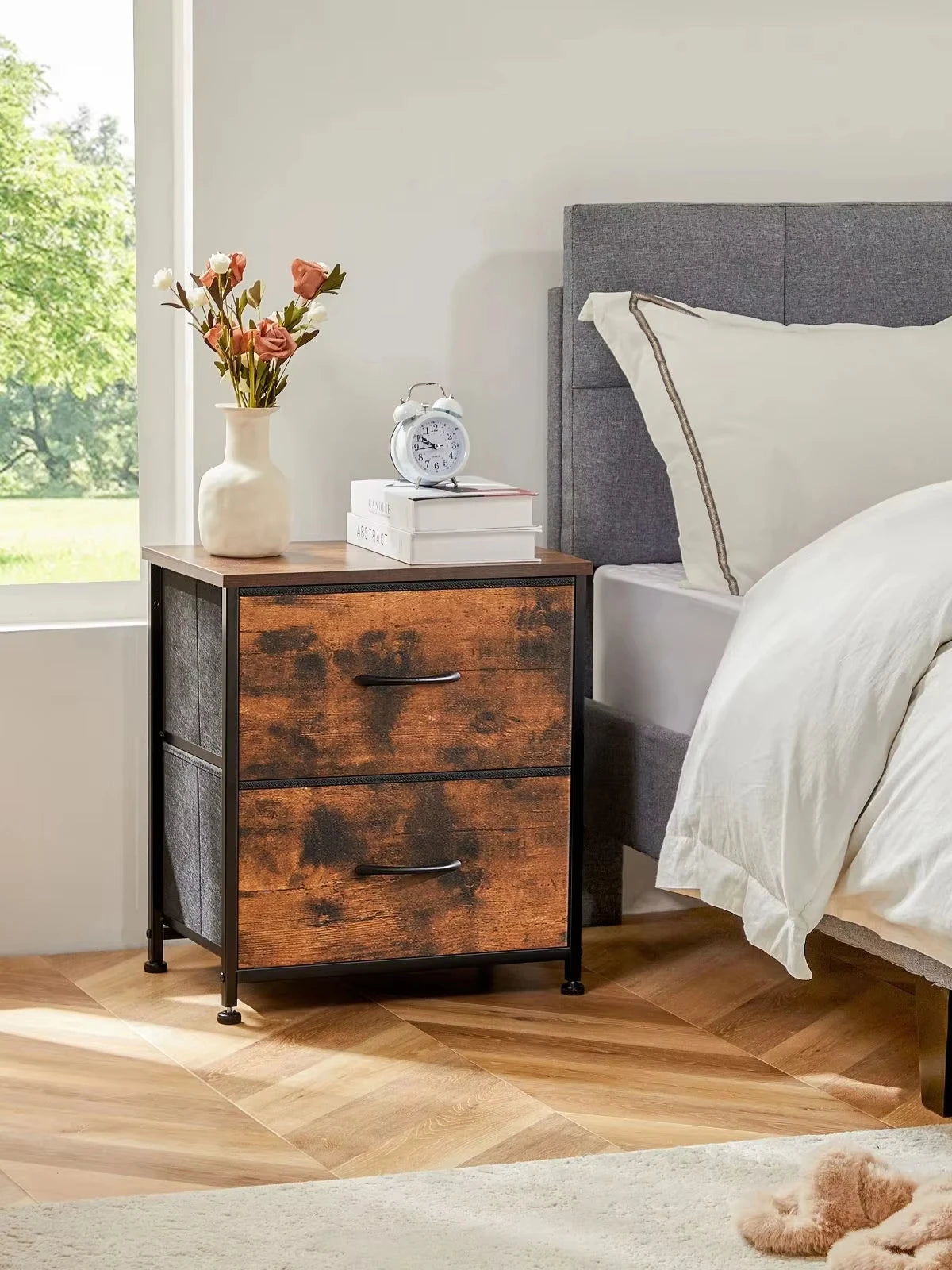 Modern Morocco Wood 2 Fabric Drawer Storage Nightstand Side Table Bedroom