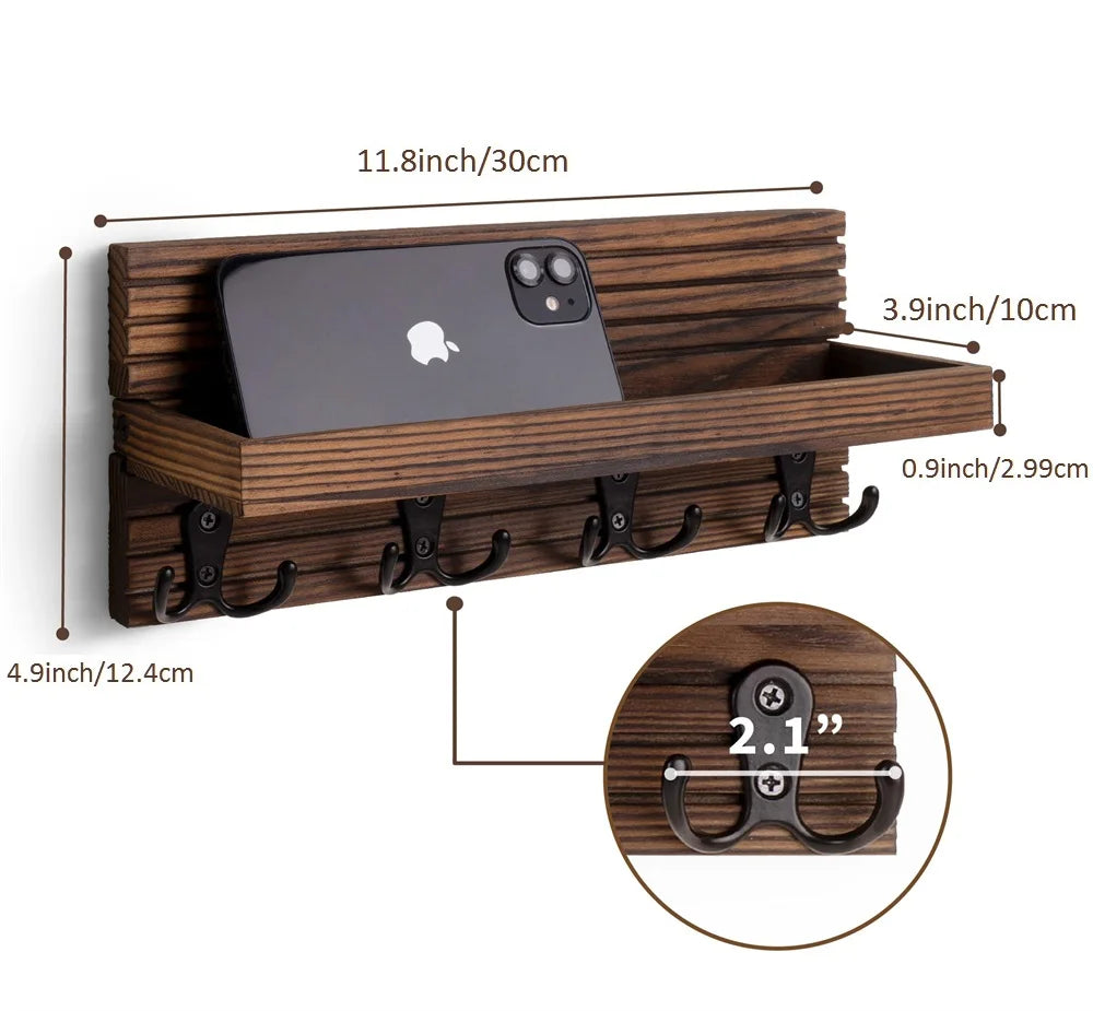 Rustic Wooden Wall Key Holder, 4 Hooks