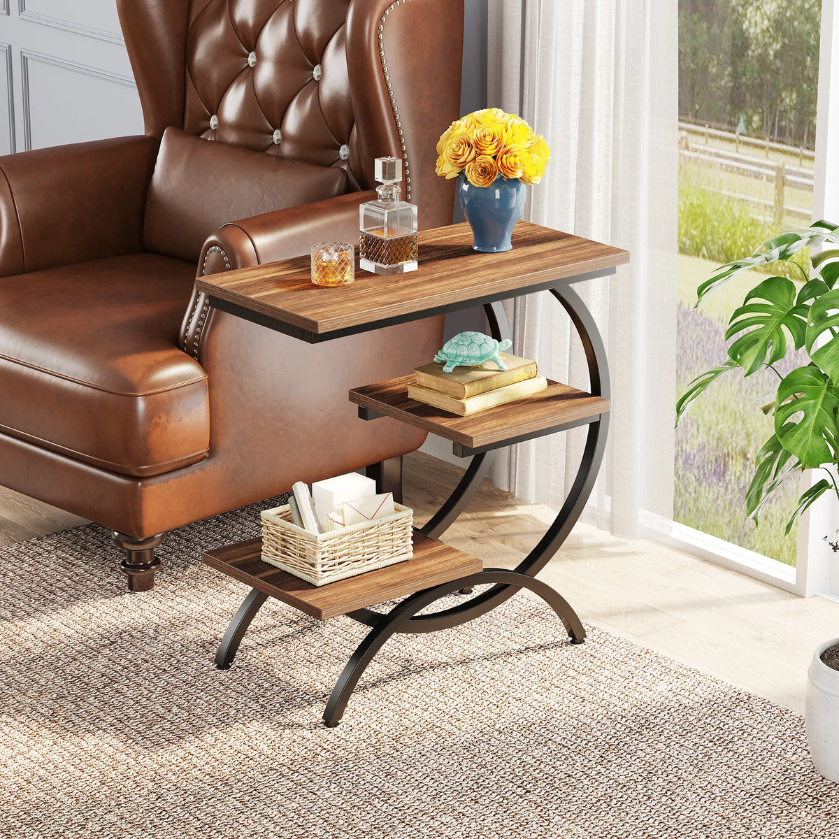 Tribesigns Industrial C Shaped 3 Tier Wood Metal Storage End Table