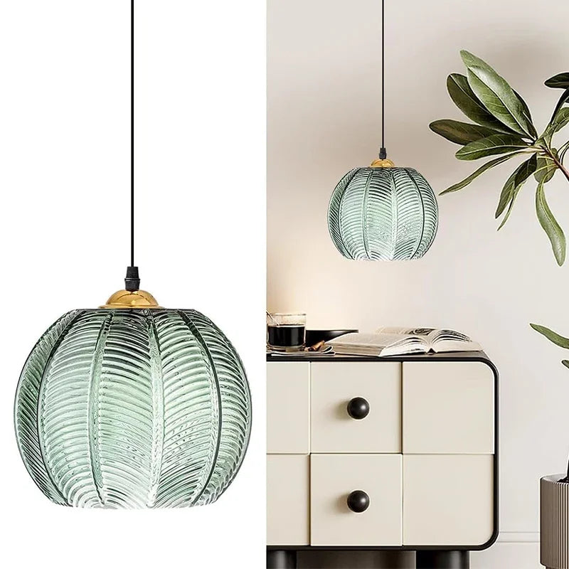 Nordic Striped Green Glass E27 Pendant Light Decorative Dining Room