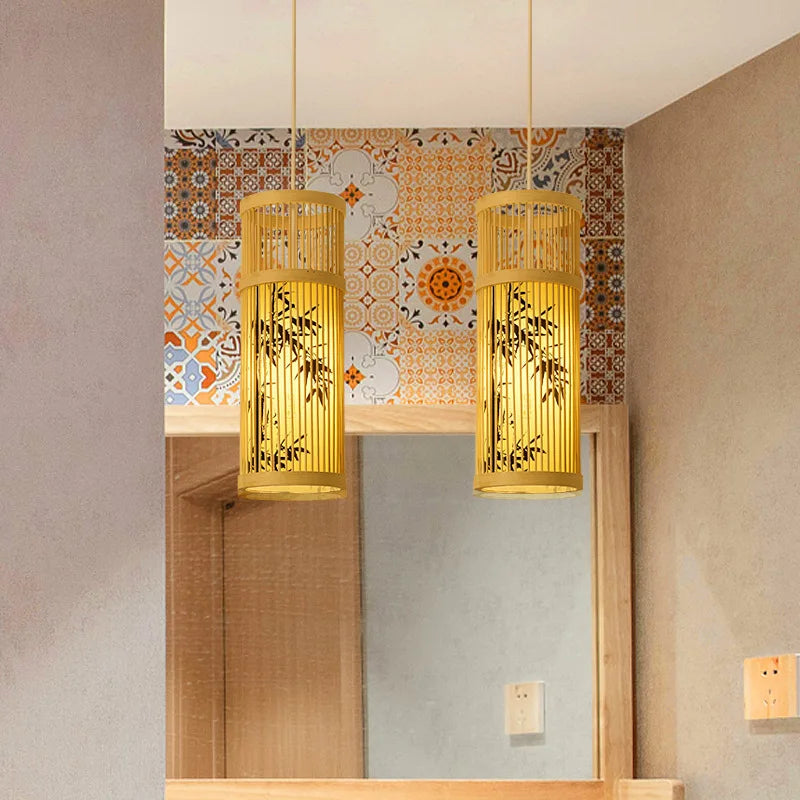 Chinese Japanese Zen Bamboo Wood Lantern Chandelier Teahouse Restaurant